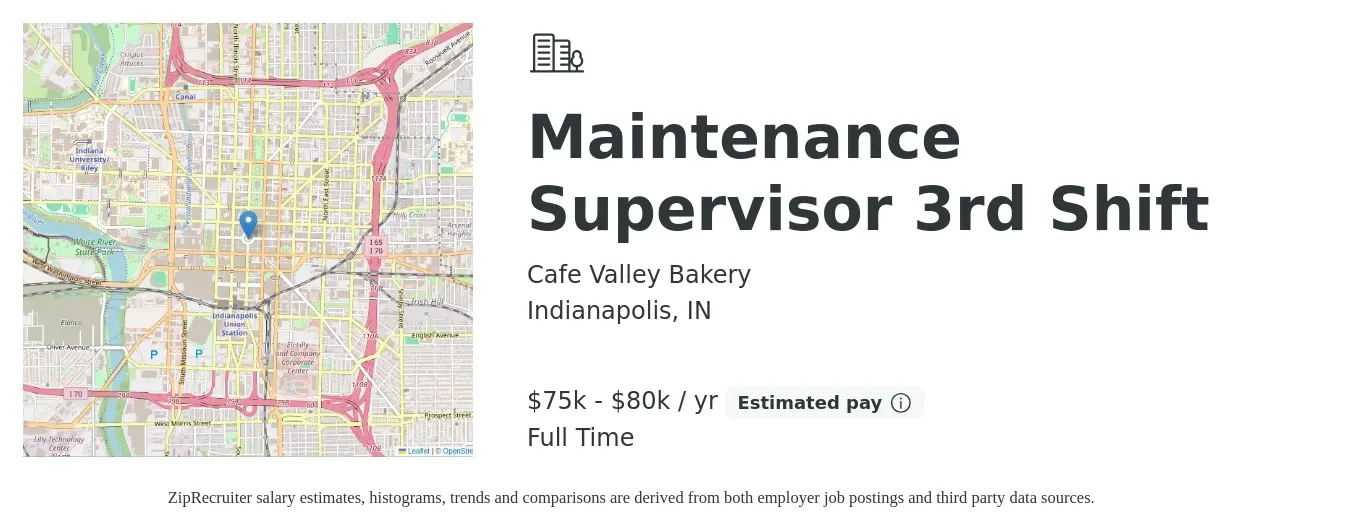 Cafe Valley Bakery job posting for a Maintenance Supervisor 3rd Shift in Indianapolis, IN with a salary of $75,000 to $80,000 Yearly with a map of Indianapolis location.