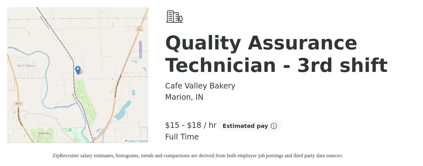 Cafe Valley Bakery job posting for a Quality Assurance Technician - 3rd shift in Marion, IN with a salary of $16 to $19 Hourly with a map of Marion location.