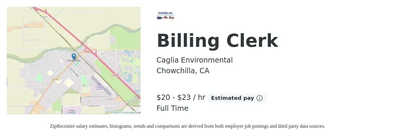 Caglia Environmental job posting for a Billing Clerk in Chowchilla, CA with a salary of $21 to $24 Hourly with a map of Chowchilla location.