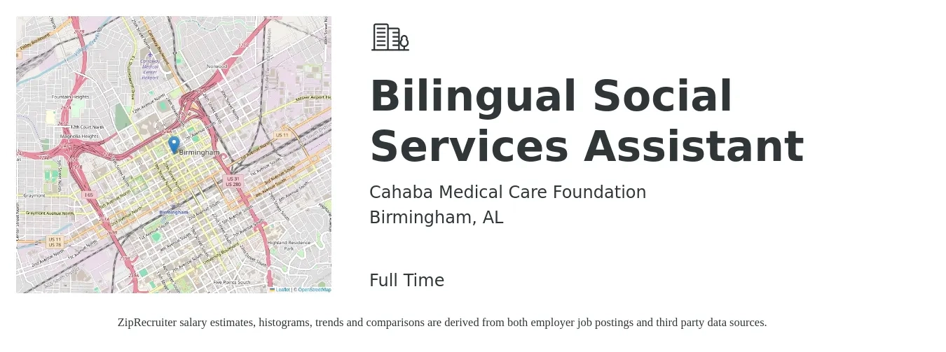 Cahaba Medical Care Foundation job posting for a Bilingual Social Services Assistant in Birmingham, AL with a salary of $33,700 to $48,300 Yearly with a map of Birmingham location.