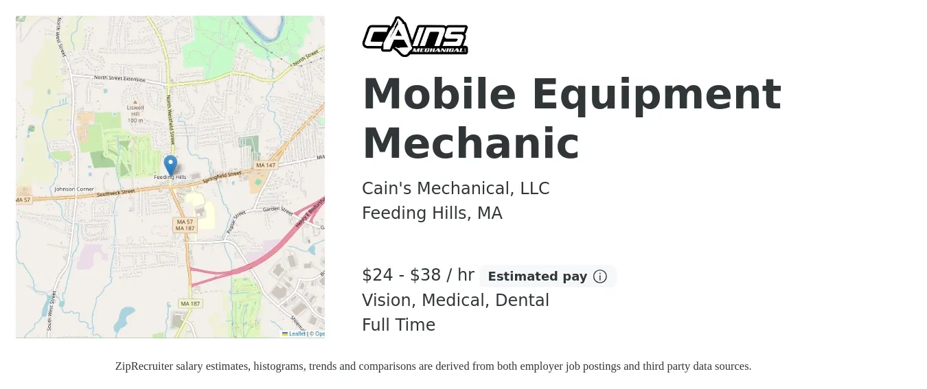 Cain's Mechanical, LLC job posting for a Mobile Equipment Mechanic in Feeding Hills, MA with a salary of $25 to $40 Hourly and benefits including vision, dental, medical, and pto with a map of Feeding Hills location.
