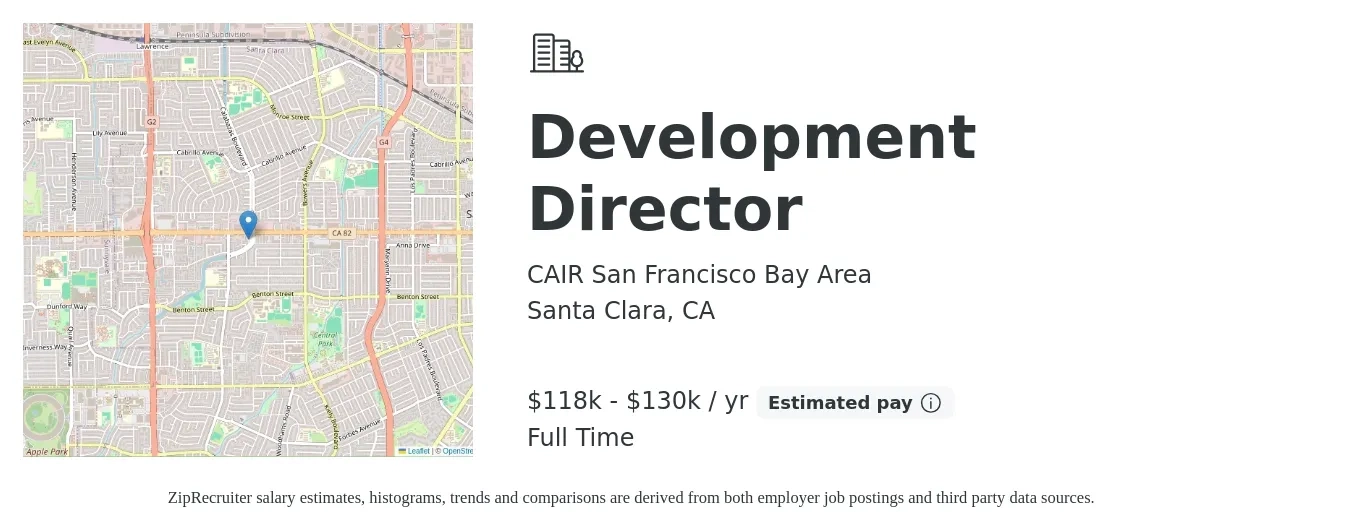 CAIR San Francisco Bay Area job posting for a Development Director in Santa Clara, CA with a salary of $118,648 to $130,310 Yearly with a map of Santa Clara location.
