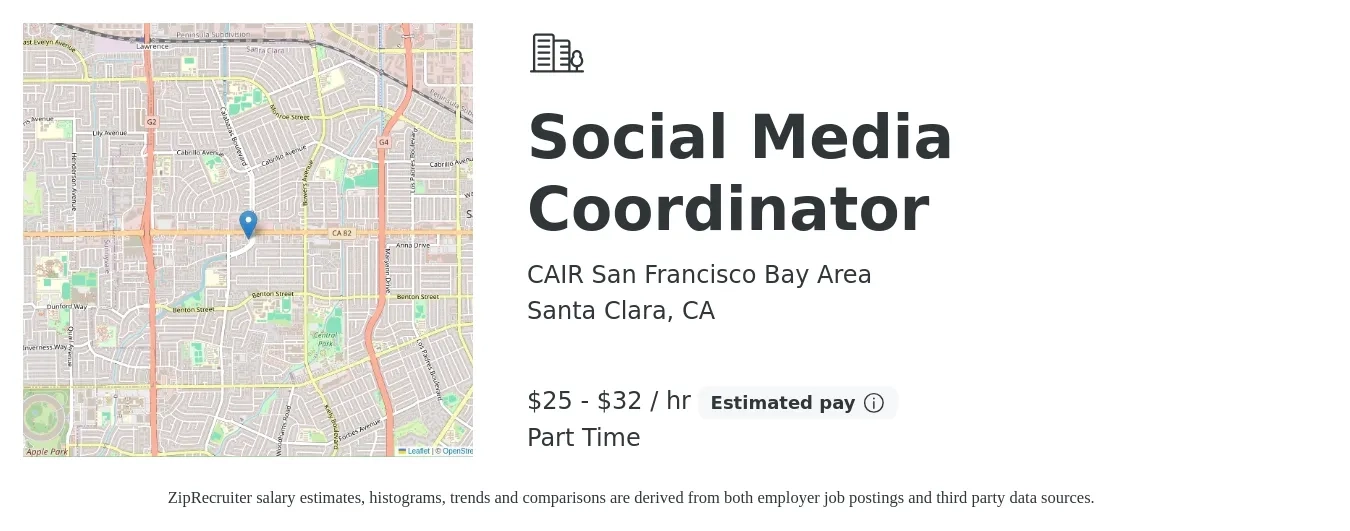 CAIR San Francisco Bay Area job posting for a Social Media Coordinator in Santa Clara, CA with a salary of $27 to $34 Hourly with a map of Santa Clara location.