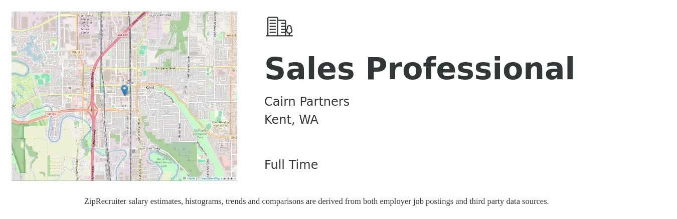 Cairn Partners job posting for a Sales Professional in Kent, WA with a salary of $50,000 to $70,000 Yearly with a map of Kent location.