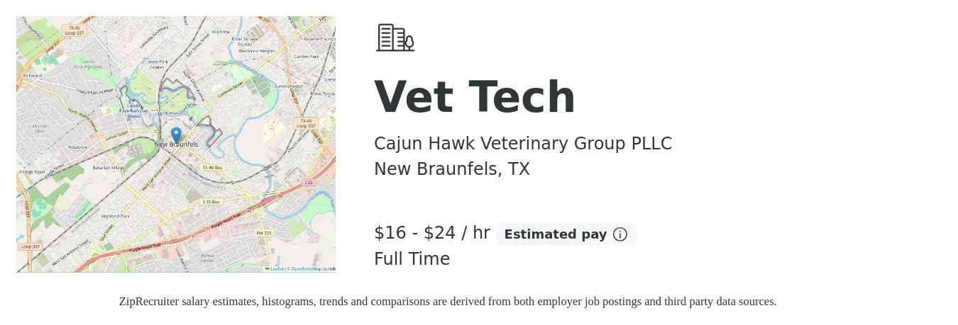 Cajun Hawk Veterinary Group PLLC job posting for a Vet Tech in New Braunfels, TX with a salary of $17 to $25 Hourly with a map of New Braunfels location.