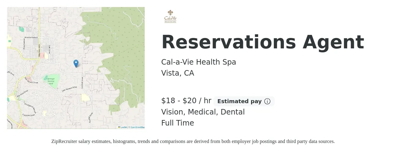 Cal-a-Vie Health Spa job posting for a Reservations Agent in Vista, CA with a salary of $19 to $21 Hourly (plus commission) and benefits including dental, life_insurance, medical, pto, retirement, and vision with a map of Vista location.