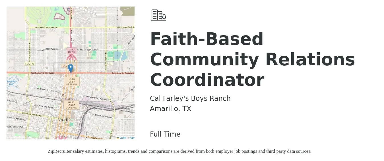 Cal Farley's Boys Ranch job posting for a Faith-Based Community Relations Coordinator in Amarillo, TX with a salary of $21 to $30 Hourly with a map of Amarillo location.