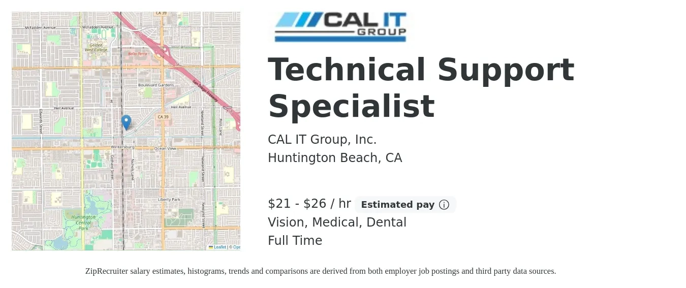 CAL IT Group, Inc. job posting for a Technical Support Specialist in Huntington Beach, CA with a salary of $22 to $28 Hourly and benefits including pto, retirement, vision, dental, and medical with a map of Huntington Beach location.