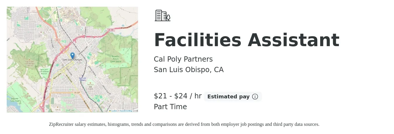 Cal Poly Partners job posting for a Facilities Assistant in San Luis Obispo, CA with a salary of $22 to $25 Hourly with a map of San Luis Obispo location.