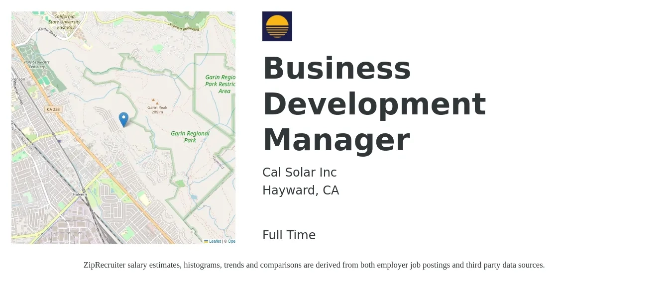 Cal Solar Inc job posting for a Business Development Manager in Hayward, CA with a salary of $110,000 to $160,000 Yearly with a map of Hayward location.