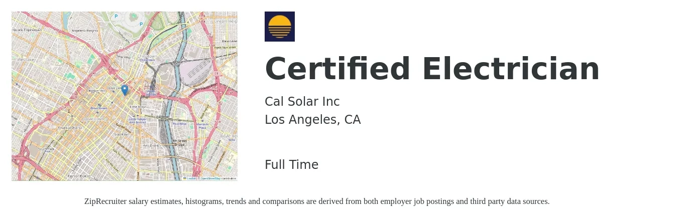 Cal Solar Inc job posting for a Certified Electrician in Los Angeles, CA with a salary of $45 to $55 Hourly with a map of Los Angeles location.