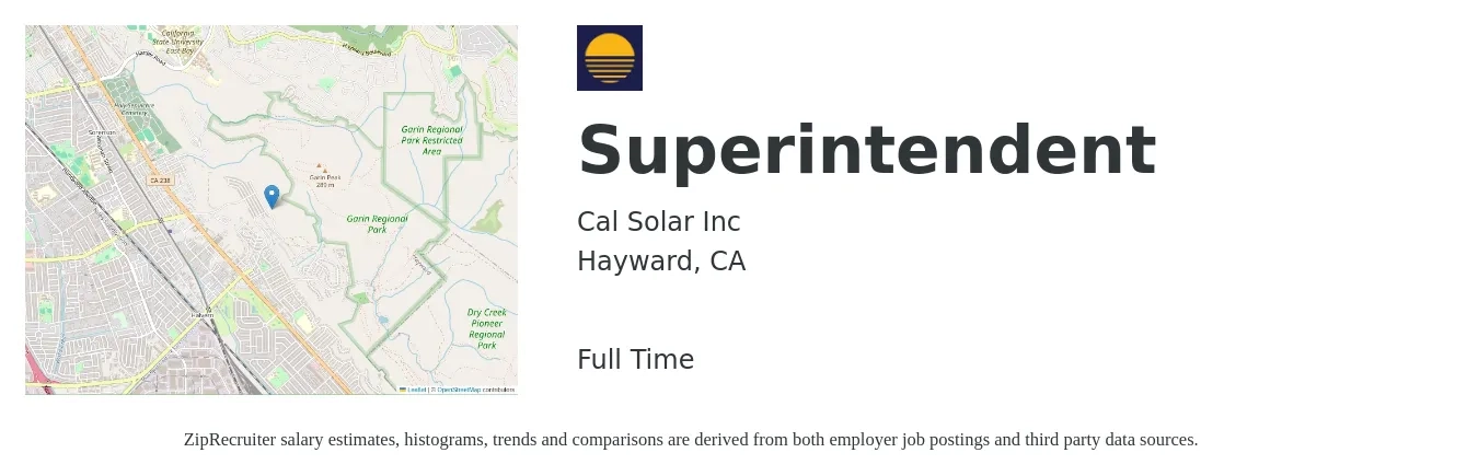 Cal Solar Inc job posting for a Superintendent in Hayward, CA with a salary of $110,000 to $135,000 Yearly with a map of Hayward location.