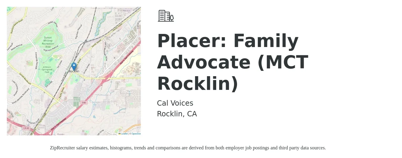 Cal Voices job posting for a Placer: Family Advocate (MCT Rocklin) in Rocklin, CA with a salary of $25 Hourly with a map of Rocklin location.