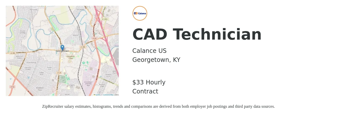 Calance US job posting for a CAD Technician in Georgetown, KY with a salary of $35 Hourly with a map of Georgetown location.