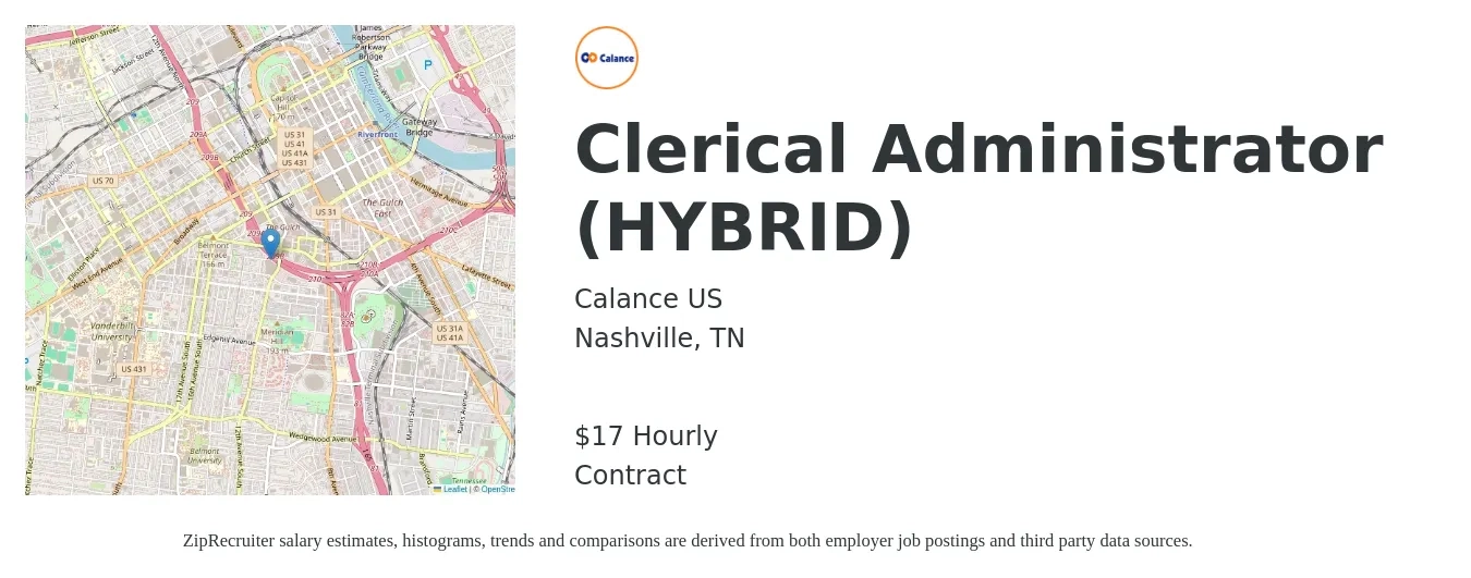 Calance US job posting for a Clerical Administrator (HYBRID) in Nashville, TN with a salary of $18 Hourly with a map of Nashville location.