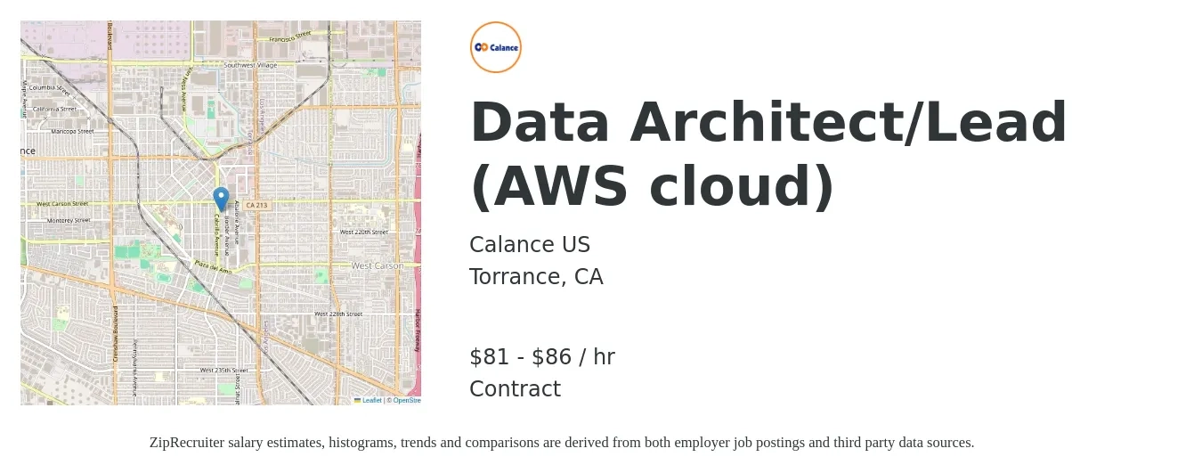 Calance US job posting for a Data Architect/Lead (AWS cloud) in Torrance, CA with a salary of $85 to $90 Hourly with a map of Torrance location.