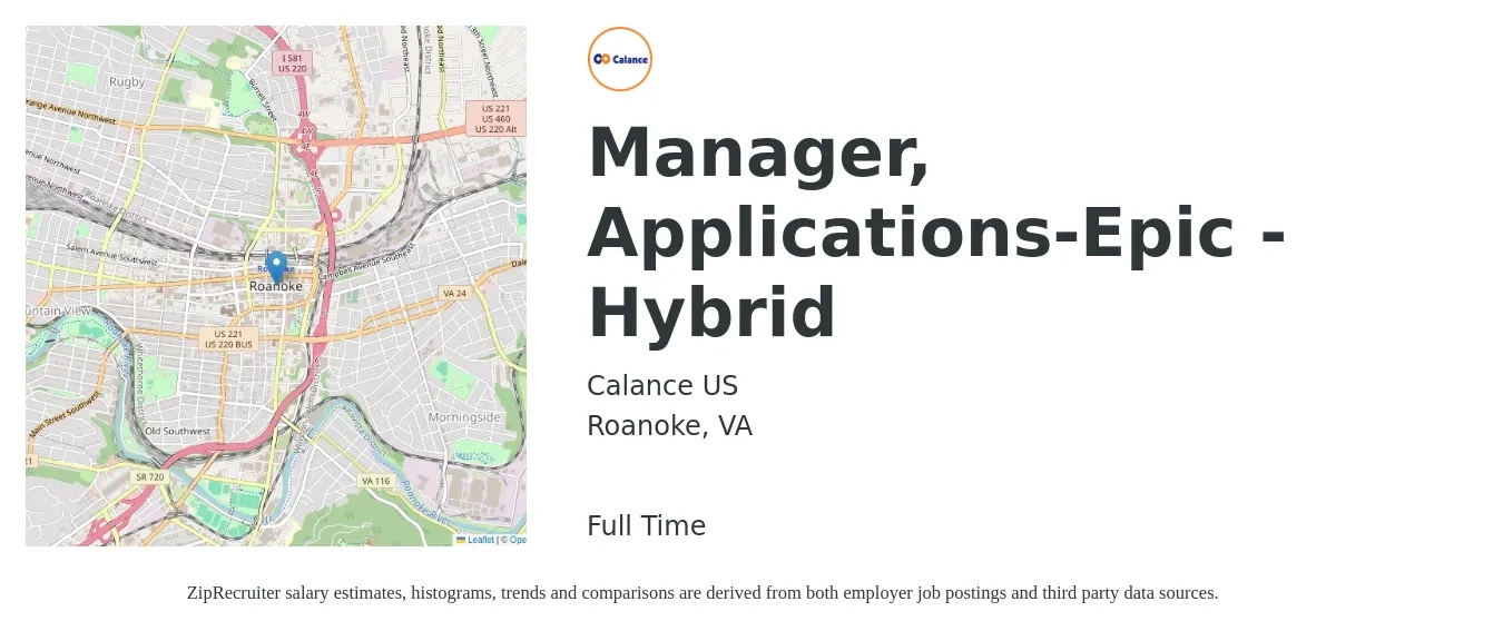 Calance US job posting for a Manager, Applications-Epic - Hybrid in Roanoke, VA with a salary of $94,200 to $132,000 Yearly with a map of Roanoke location.