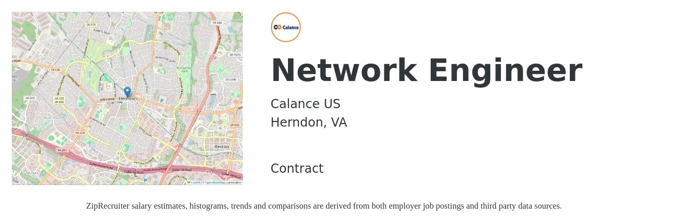 Calance US job posting for a Network Engineer in Herndon, VA with a salary of $91,500 to $137,300 Yearly with a map of Herndon location.