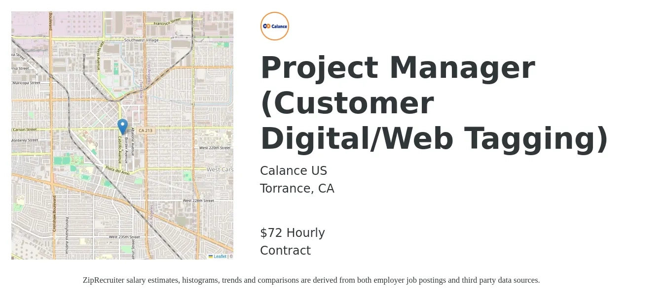 Calance US job posting for a Project Manager (Customer Digital/Web Tagging) in Torrance, CA with a salary of $75 Hourly with a map of Torrance location.