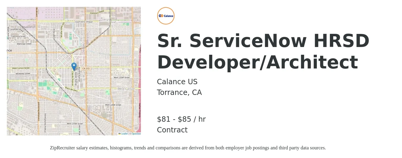 Calance US job posting for a Sr. ServiceNow HRSD Developer/Architect in Torrance, CA with a salary of $85 to $89 Hourly with a map of Torrance location.