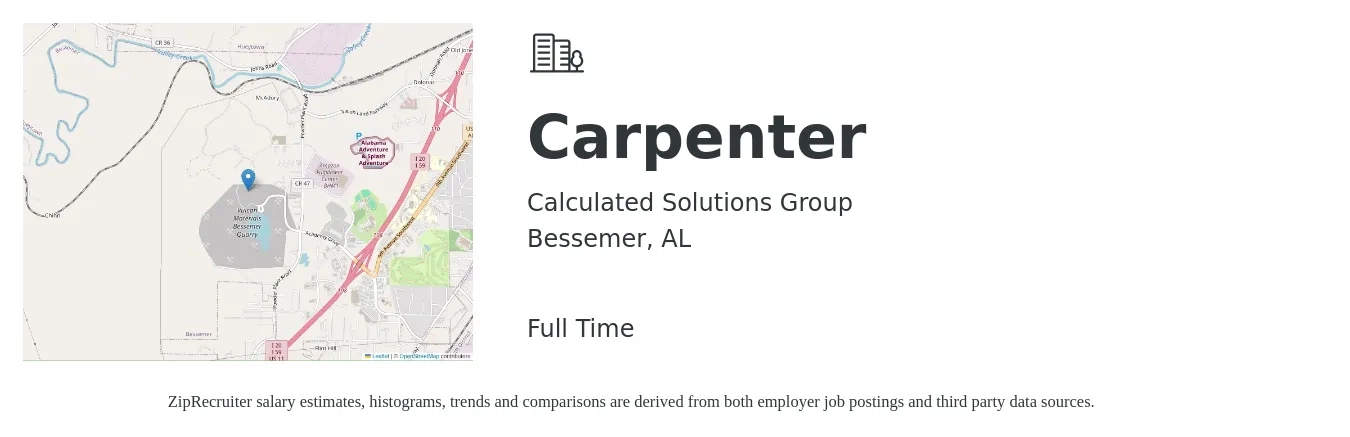 Calculated Solutions Group job posting for a Carpenter in Bessemer, AL with a salary of $20 to $27 Hourly with a map of Bessemer location.