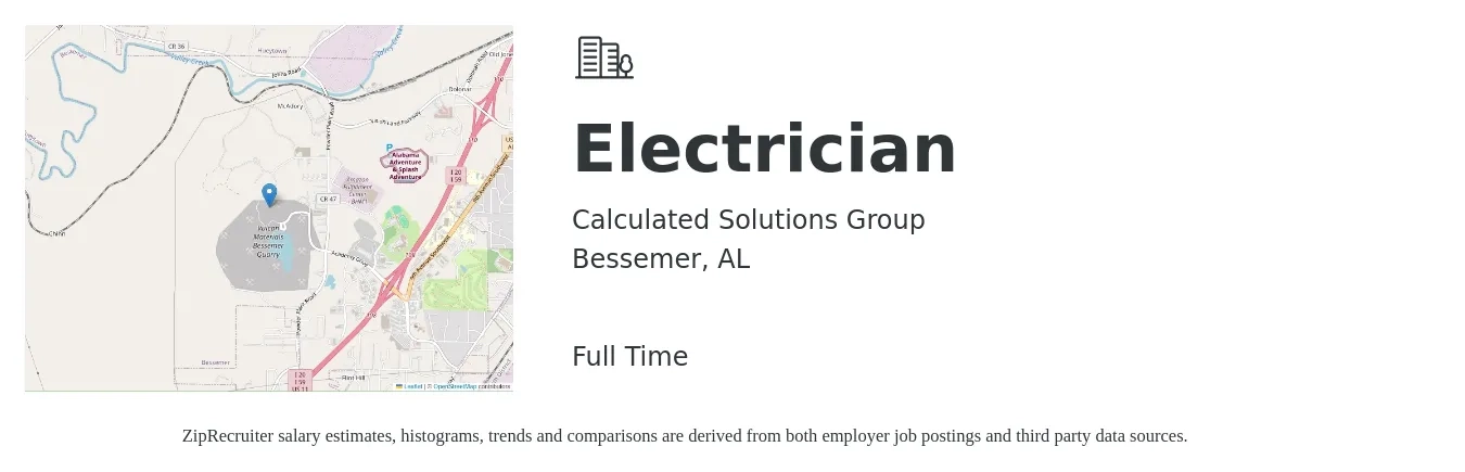 Calculated Solutions Group job posting for a Electrician in Bessemer, AL with a salary of $22 to $31 Hourly with a map of Bessemer location.