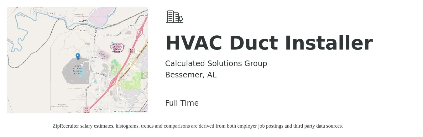 Calculated Solutions Group job posting for a HVAC Duct Installer in Bessemer, AL with a salary of $20 to $30 Hourly with a map of Bessemer location.