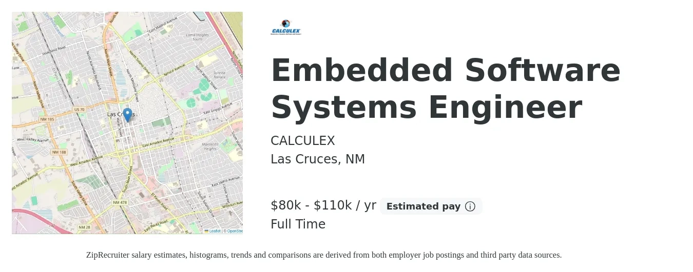 CALCULEX job posting for a Embedded Software Systems Engineer in Las Cruces, NM with a salary of $80,000 to $110,000 Yearly with a map of Las Cruces location.