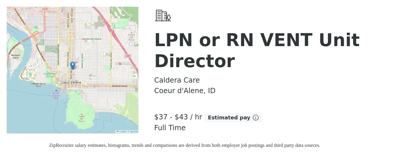 Caldera Care job posting for a LPN or RN VENT Unit Director in Coeur d'Alene, ID with a salary of $39 to $45 Hourly with a map of Coeur d'Alene location.