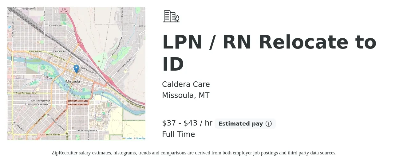 Caldera Care job posting for a LPN / RN Relocate to ID in Missoula, MT with a salary of $39 to $45 Hourly with a map of Missoula location.