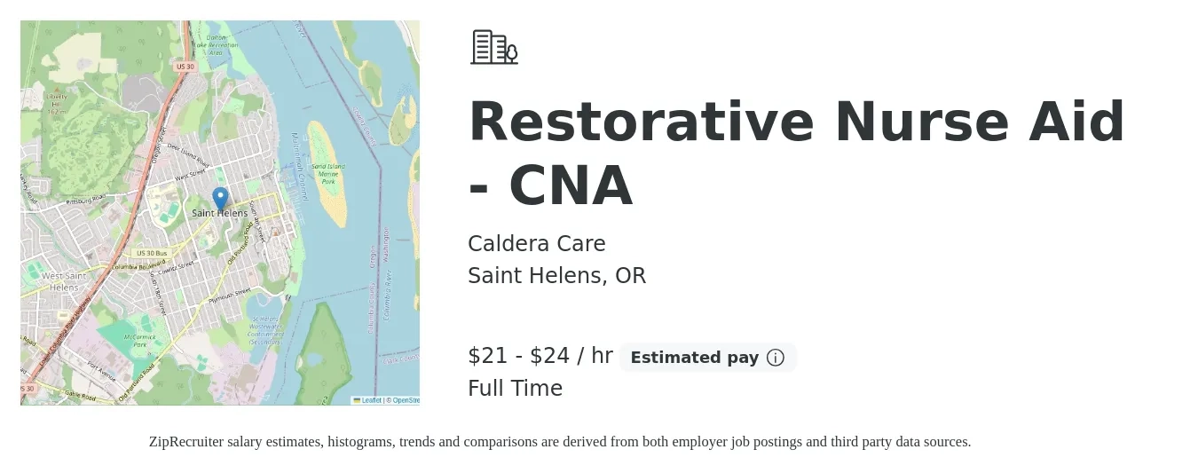 Caldera Care job posting for a Restorative Nurse Aid - CNA in Saint Helens, OR with a salary of $22 to $25 Hourly with a map of Saint Helens location.