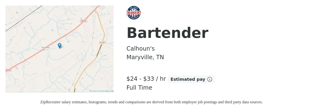 Calhoun's job posting for a Bartender in Maryville, TN with a salary of $25 to $35 Hourly with a map of Maryville location.