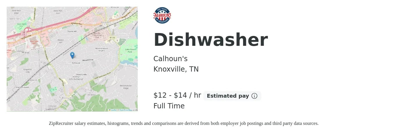 Calhoun's job posting for a Dishwasher in Knoxville, TN with a salary of $13 to $15 Hourly with a map of Knoxville location.