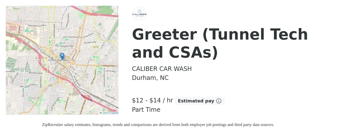 CALIBER CAR WASH job posting for a Greeter (Tunnel Tech and CSAs) in Durham, NC with a salary of $13 to $15 Hourly with a map of Durham location.