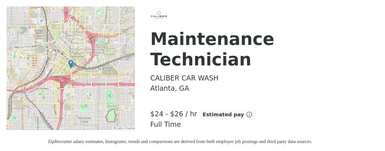 CALIBER CAR WASH job posting for a Maintenance Technician in Atlanta, GA with a salary of $25 to $28 Hourly with a map of Atlanta location.