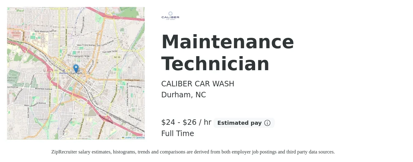CALIBER CAR WASH job posting for a Maintenance Technician in Durham, NC with a salary of $25 to $28 Hourly with a map of Durham location.