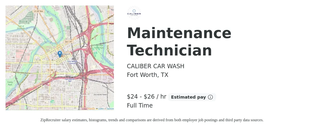 CALIBER CAR WASH job posting for a Maintenance Technician in Fort Worth, TX with a salary of $25 to $28 Hourly with a map of Fort Worth location.