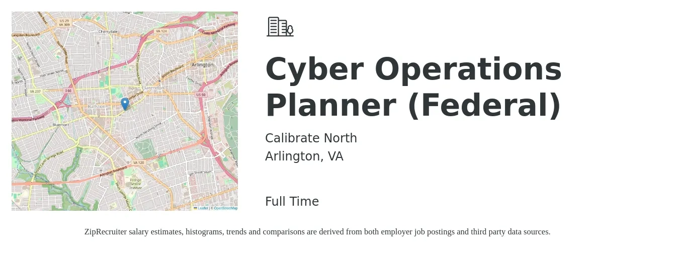 Calibrate North job posting for a Cyber Operations Planner (Federal) in Arlington, VA with a salary of $34,600 to $99,700 Yearly with a map of Arlington location.