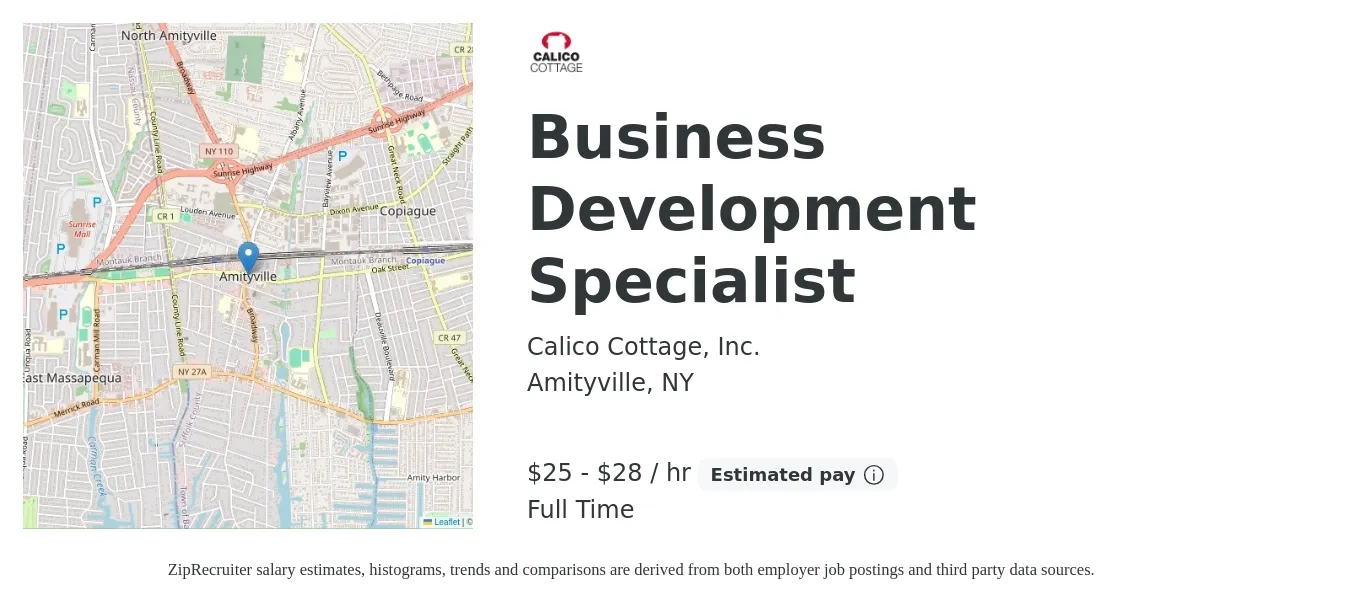 Calico Cottage, Inc. job posting for a Business Development Specialist in Amityville, NY with a salary of $26 to $30 Hourly with a map of Amityville location.