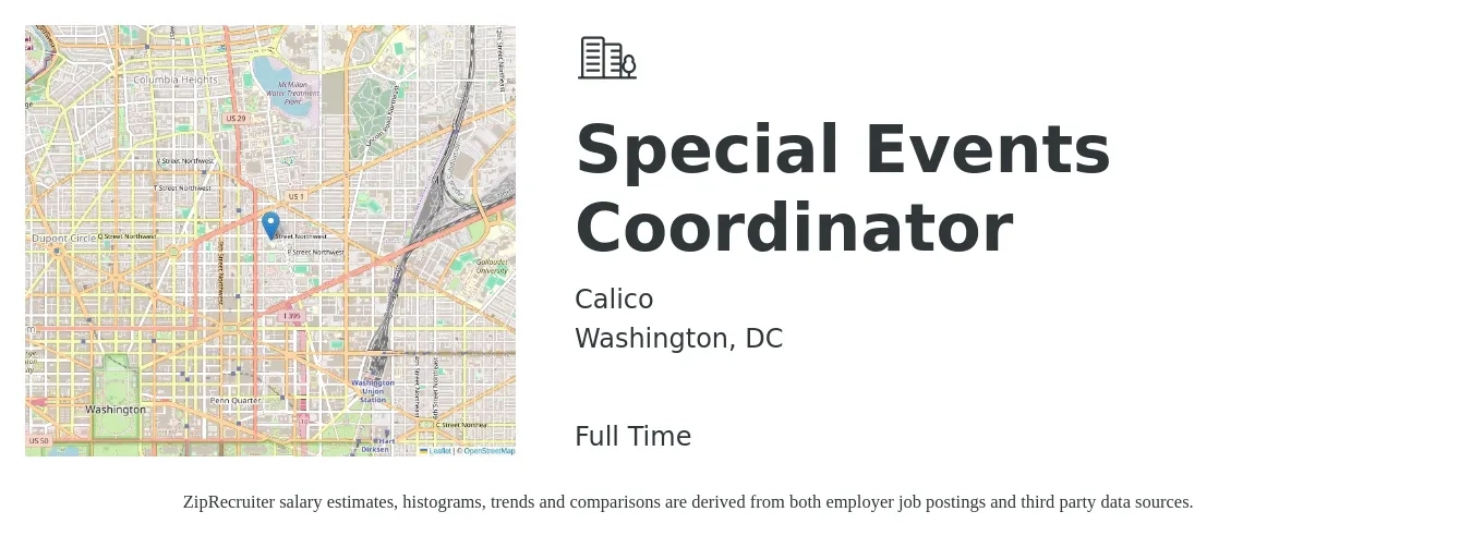 Calico job posting for a Special Events Coordinator in Washington, DC with a salary of $48,100 to $68,000 Yearly with a map of Washington location.