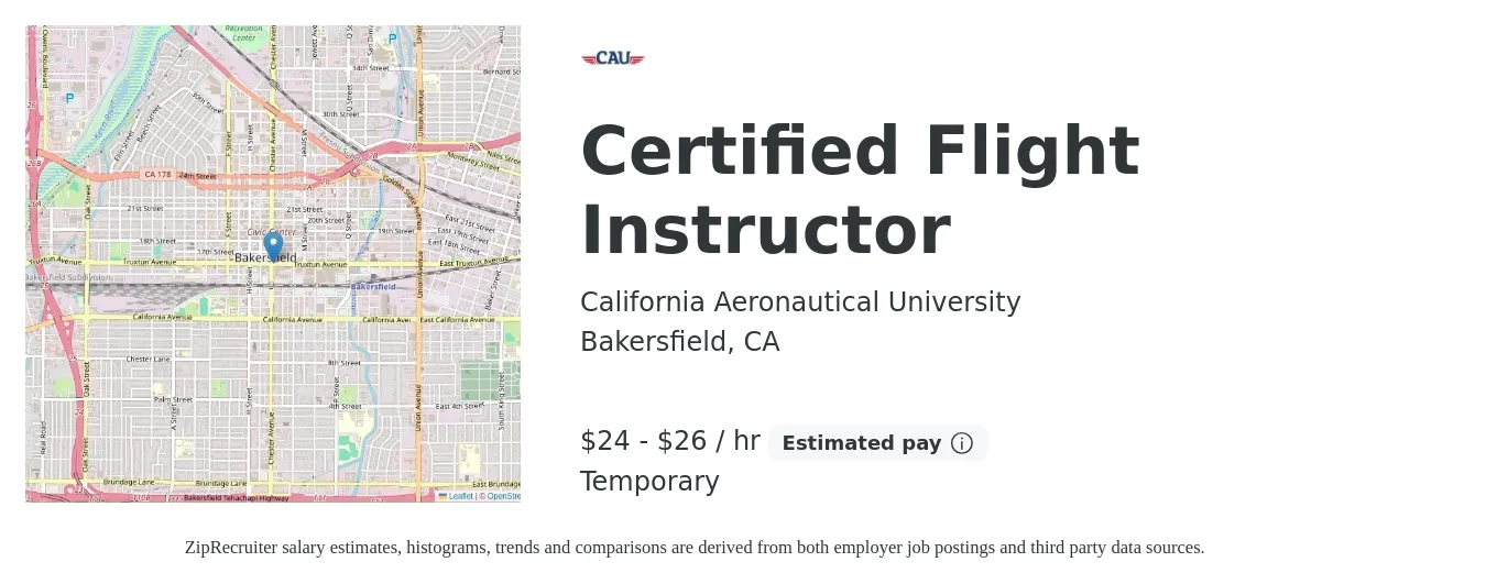 California Aeronautical University job posting for a Certified Flight Instructor in Bakersfield, CA with a salary of $25 to $28 Hourly with a map of Bakersfield location.