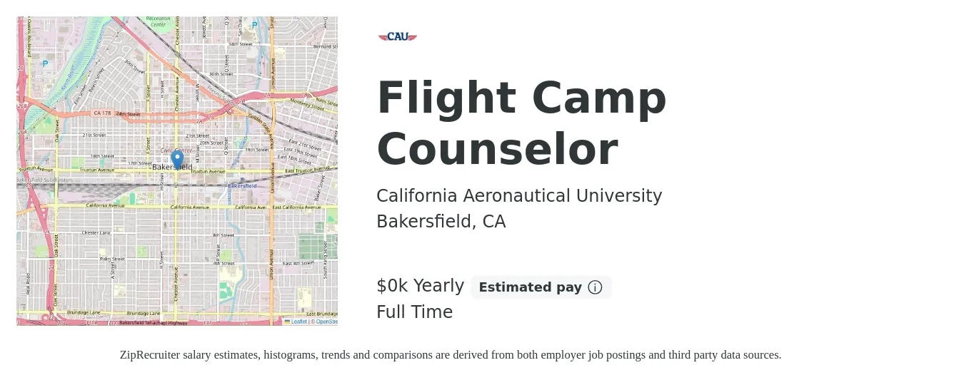 California Aeronautical University job posting for a Flight Camp Counselor in Bakersfield, CA with a salary of $12 to $18 Hourly with a map of Bakersfield location.