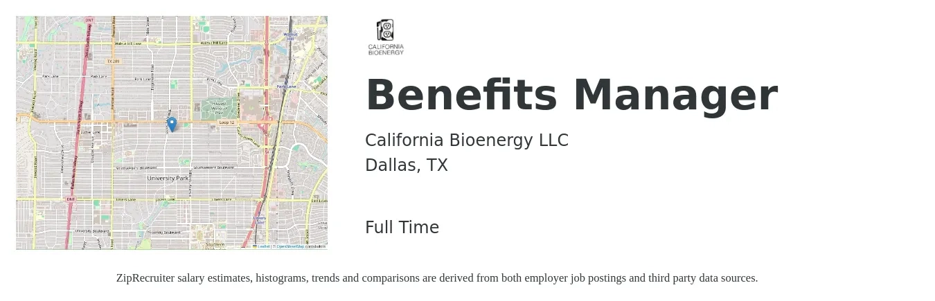 California Bioenergy LLC job posting for a Benefits Manager in Dallas, TX with a salary of $65,800 to $103,400 Yearly with a map of Dallas location.