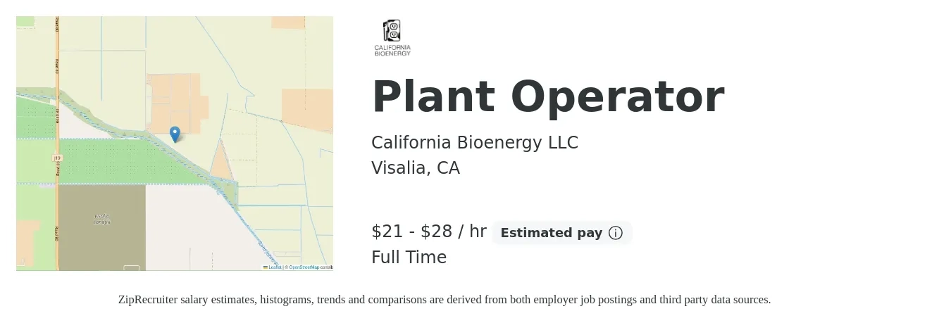 California Bioenergy LLC job posting for a Plant Operator in Visalia, CA with a salary of $22 to $30 Hourly with a map of Visalia location.