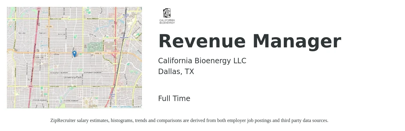 California Bioenergy LLC job posting for a Revenue Manager in Dallas, TX with a salary of $70,200 to $106,300 Yearly with a map of Dallas location.