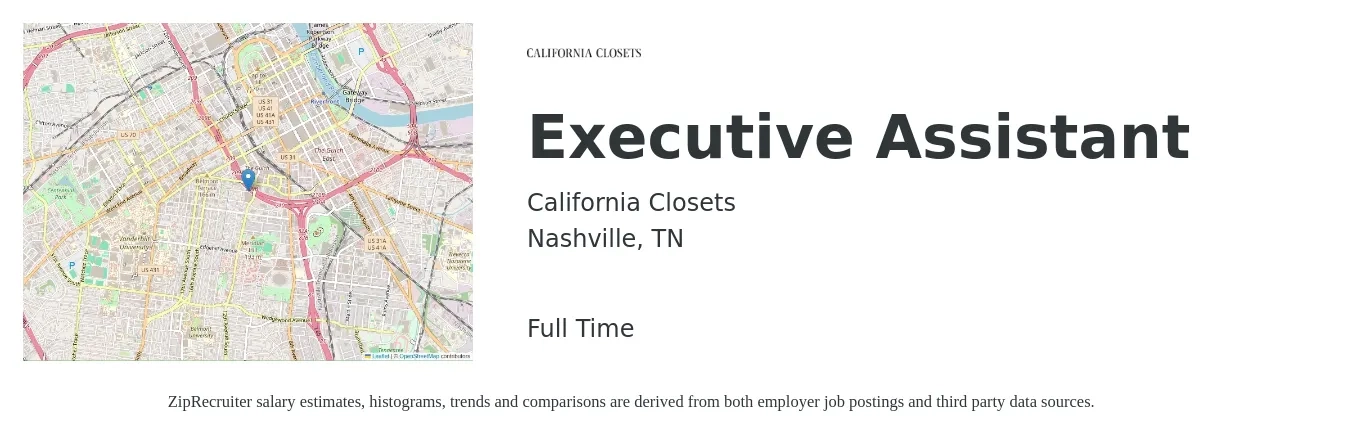 California Closets job posting for a Executive Assistant in Nashville, TN with a salary of $50,000 to $70,000 Yearly with a map of Nashville location.