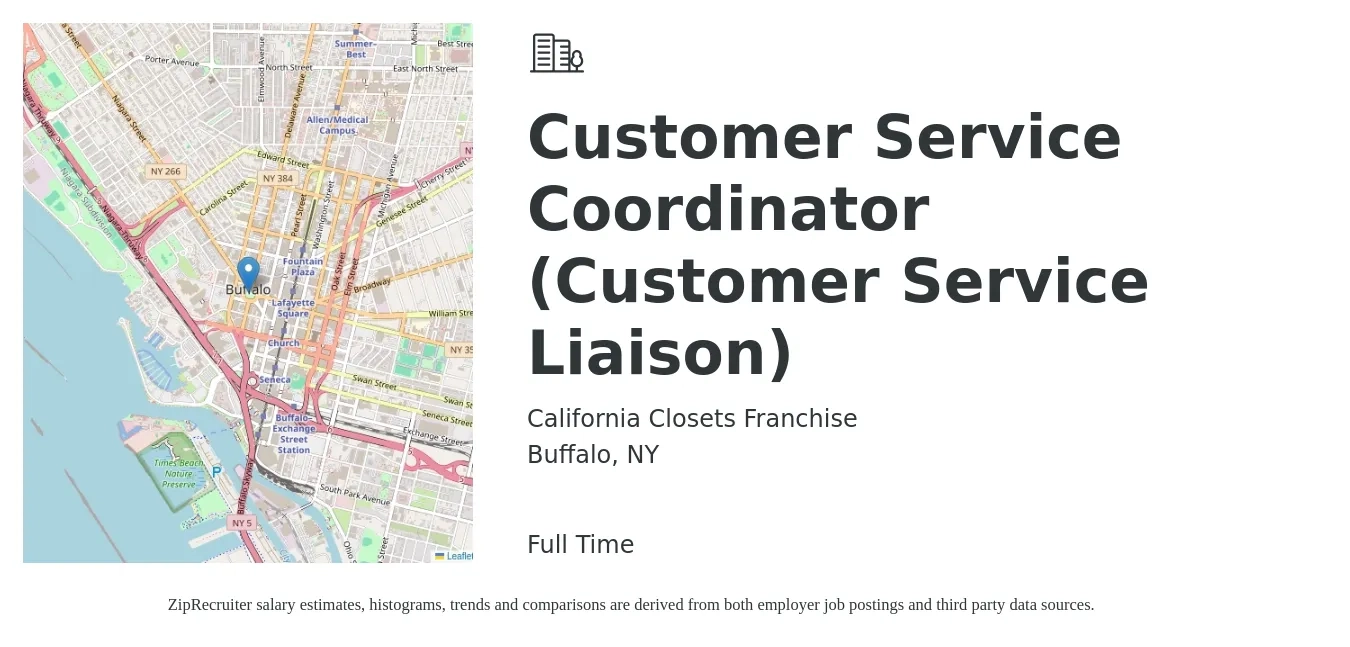 California Closets Franchise job posting for a Customer Service Coordinator (Customer Service Liaison) in Buffalo, NY with a salary of $18 to $23 Hourly with a map of Buffalo location.