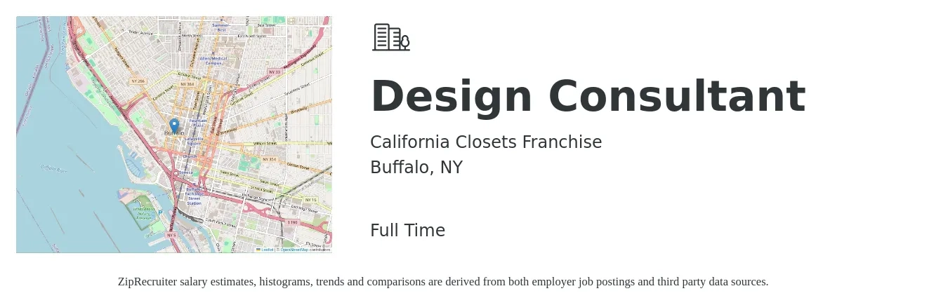 California Closets Franchise job posting for a Design Consultant in Buffalo, NY with a salary of $19 to $32 Hourly with a map of Buffalo location.