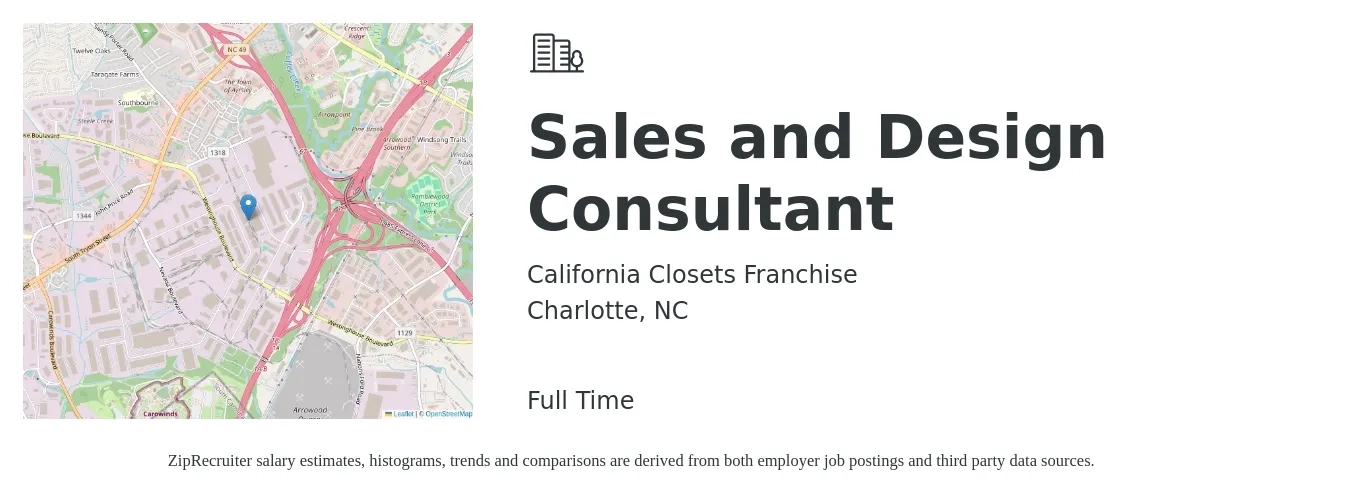 California Closets Franchise job posting for a Sales and Design Consultant in Charlotte, NC with a salary of $42,700 to $108,300 Yearly with a map of Charlotte location.