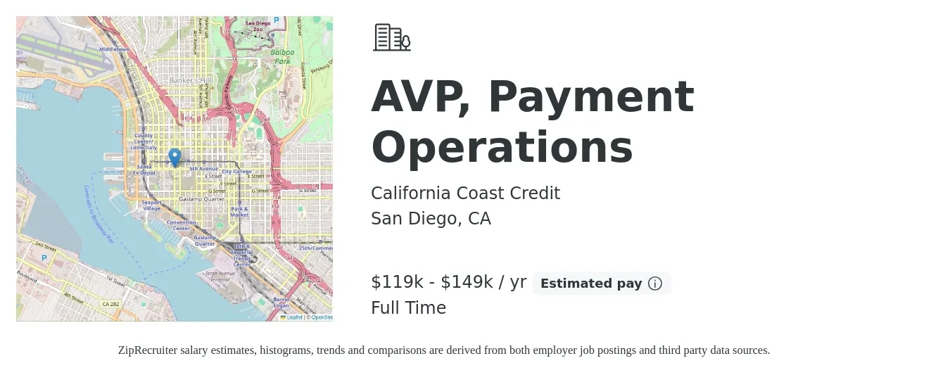 California Coast Credit job posting for a AVP, Payment Operations in San Diego, CA with a salary of $119,437 to $149,297 Yearly with a map of San Diego location.